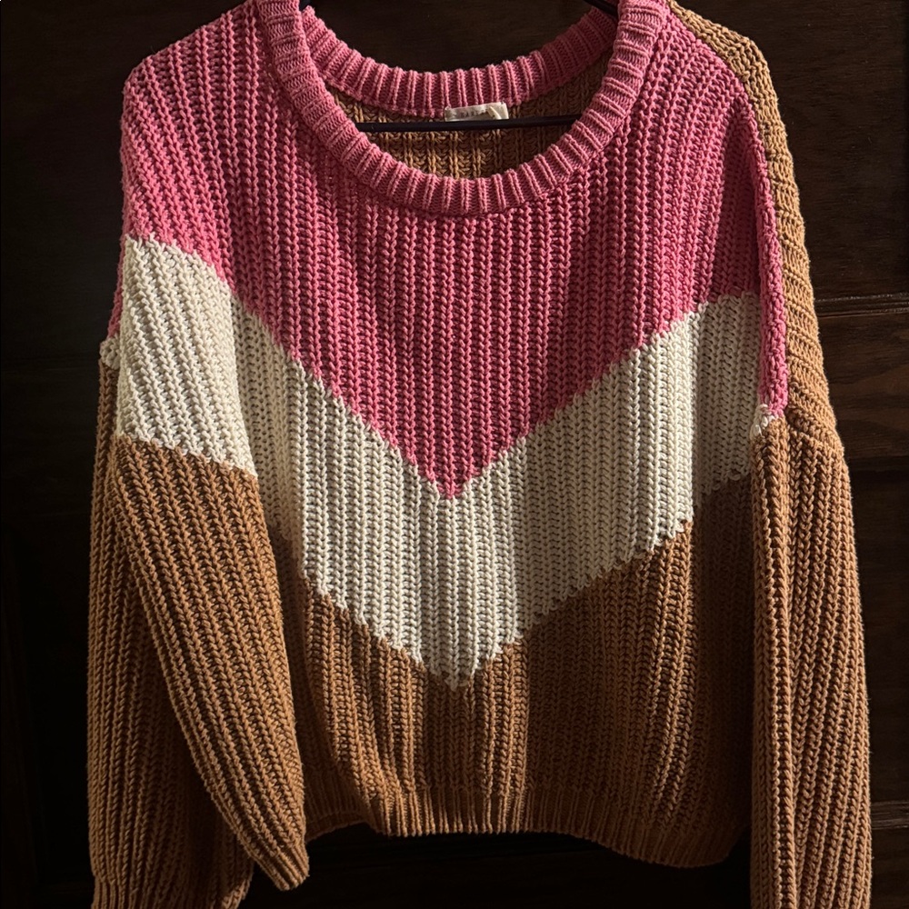 Harper Pink, White & Brown Chevron Crew Sweater, Size M
